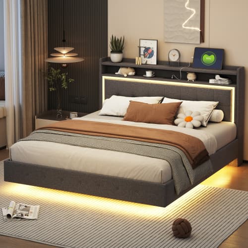 Dubbelsäng 160×200 cm med USB & LED-belysning | linnegrå | platt sängdesign Gray