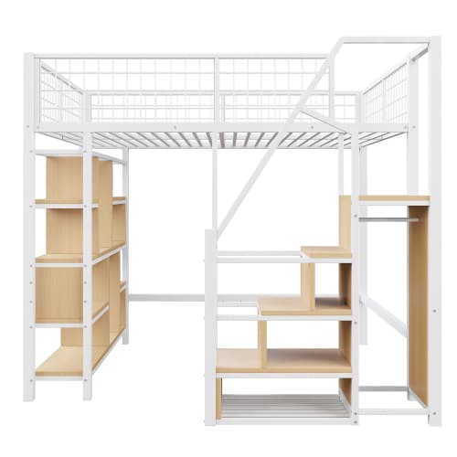Loftseng med opbevaringsplads og hylder, 140x200 cm metalseng med trapper, til voksne og børn, hvid White