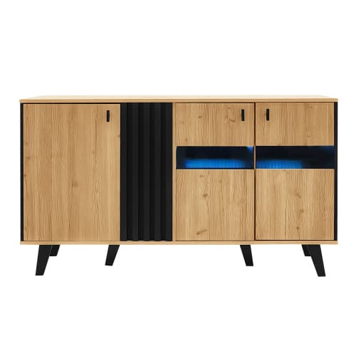 Skænk 140x78,5x41cm træ/sort med LED-belysning & glas, stor opbevaringsplads, alsidig Natural