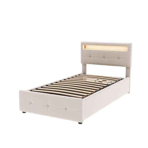 Barn-Säng 90x200 - med LED & Förvaring | Höjdjusterbar Sammetssäng i Beige | Högbox-Design Beige