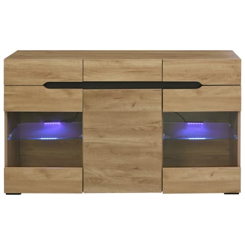 Moderne LED skænk, skab med 3 døre & 3 skuffer, stor opbevaringsplads, buffet & kommode til opholdsområde Natural