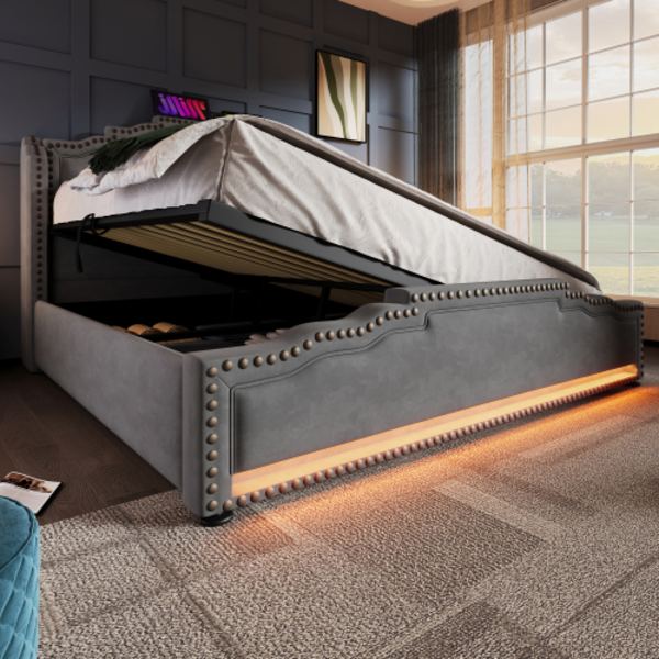Säng med klädsel 160x200, dubbelsäng med hydraulisk förvaring, LED-belysning och USB-C-laddningsanslutning, förvaringssäng och ungdomssäng med sängbord, Grey