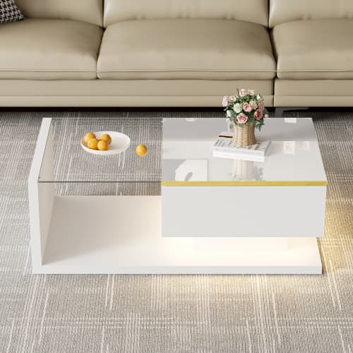90 cm vitt LED-soffbord med glas – högblankt sidobord med RGB-belysning, modernt glasbord för vardagsrum White