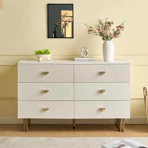 Skänk 120x40x75 cm med 6 lådor - Vit/Guld, MDF & stål, för vardagsrum & sovrum White