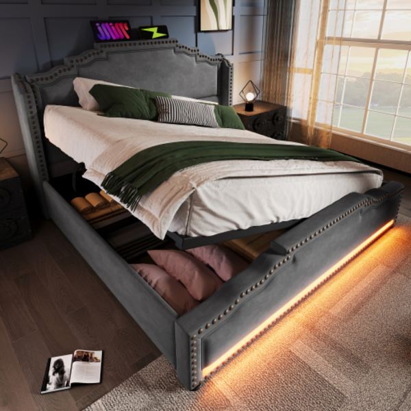 Säng med klädsel 160x200, dubbelsäng med hydraulisk förvaring, LED-belysning och USB-C-laddningsanslutning, förvaringssäng och ungdomssäng med sängbord, Grey