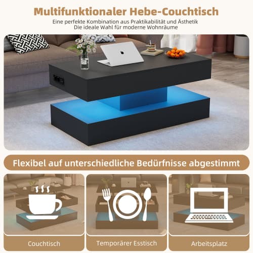 Modernt soffbord med LED-belysning och dold förvaring - sidobord med hydraulisk slag, 100*50*42 cm, 50 kg lastkapacitet Black