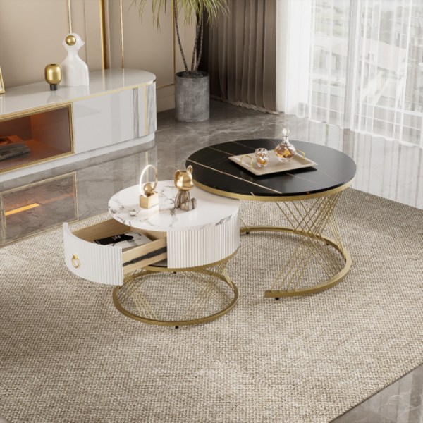 Elegant soffbord: marmoroptik, gulddekor, sidobord med lådor – set om 2 Black