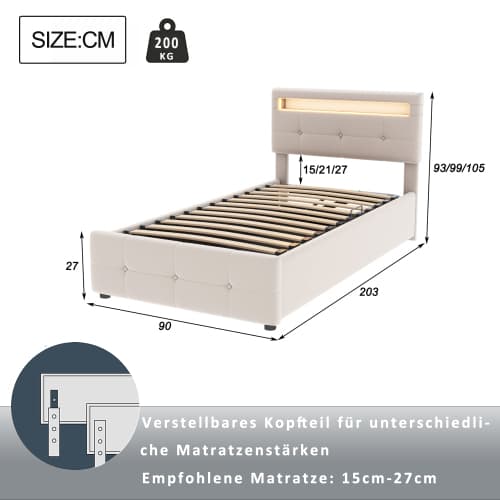 Barn-Säng 90x200 - med LED & Förvaring | Höjdjusterbar Sammetssäng i Beige | Högbox-Design Beige