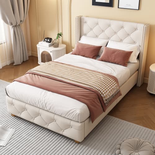 Beige linneklädd säng 90x200 cm – Med sänggavel, knapp- & nitoptik, träben & sängbotten Beige