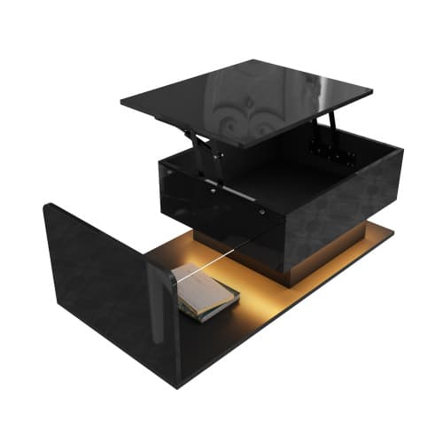 【Sofabord højglans sort】 Med LED-belysning & glasplade, moderne sidebord med opbevaringsplads Black
