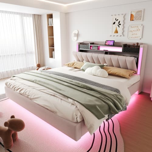 Sängklädsel säng 160x200 cm med LED & USB - Flytande design & förvaringssänggavel (tyg) Beige