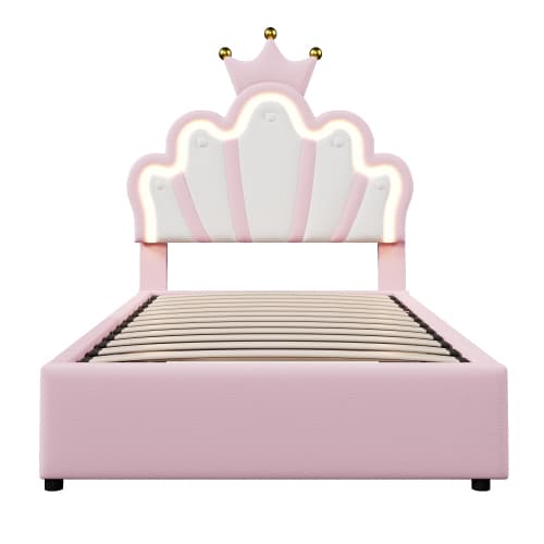 Prinsesseseng 90x200cm med kroneform, hydraulisk løftemekanisme & LED-belysning, justerbart sengegærde, pink Pink
