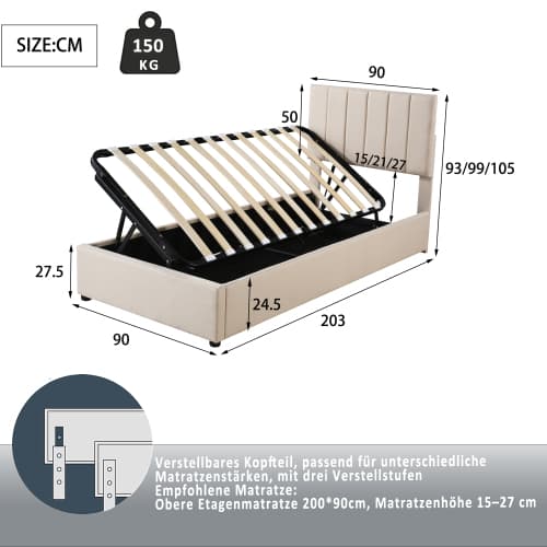 Sängram 90x200 cm - Hydraulisk förvaringssäng med hudvänligt linnetyg Beige