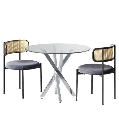 Matgrupp med 2 stolar & 80x80 cm glasskiva - Galvaniserade bordsben, grå stolar, silver silver