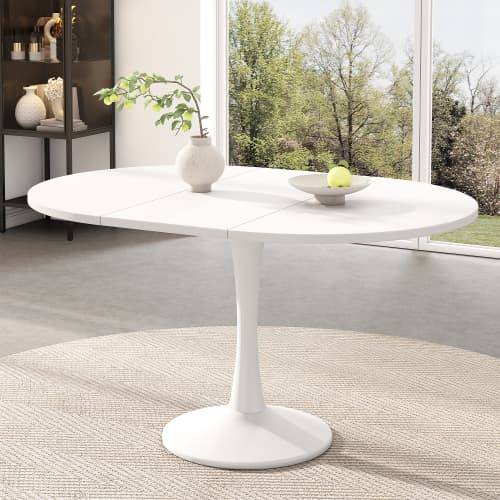 Utdragbart matbord, ovalt matbord, soffbord, längd 100/140 x bredd 100 x höjd 75 cm, modernt enkelt matbord, vit White
