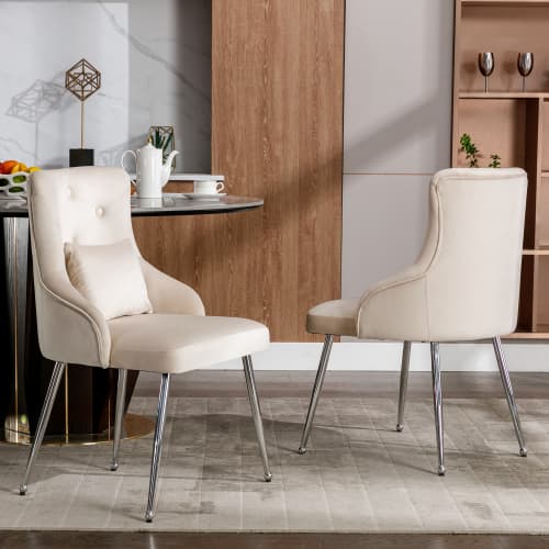 2-set matstolar med knappmönster, klädd stol, stolar med metallben Beige
