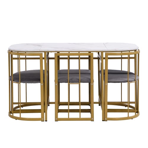 Modern 6 matbordsset i vitt/grått med gulddetaljer – elegant matrumskombination Gold