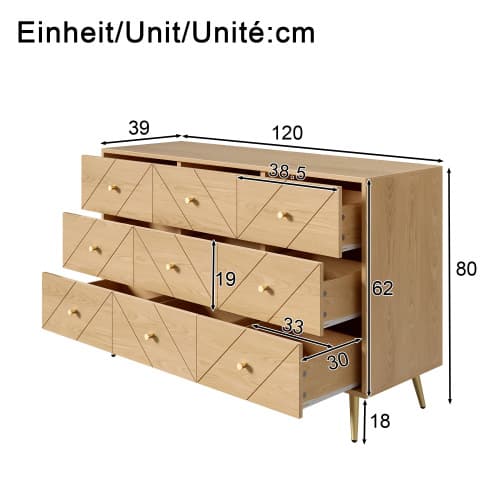 Kommode med 9 skuffer og jernben - Robust konstruktion med geometriske mønstre til alle rum Natural