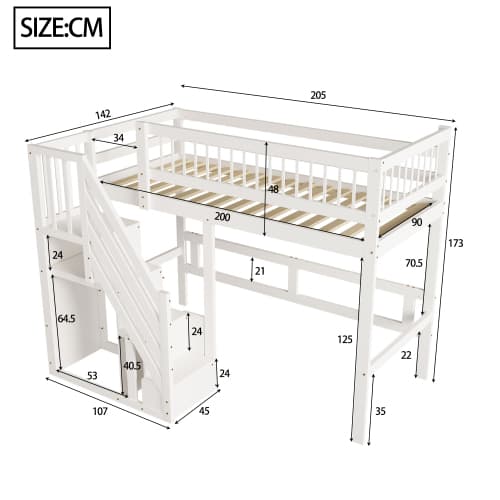 Solid træseng 90x200cm hvid med trappe & opbevaring - højseng som tremmeseng/ungdomsseng, robust massiv træramme, højt design White