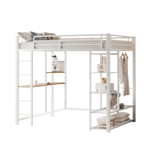 Vit hög säng 90x200 cm med skrivbord - säng med stege & ribbor White