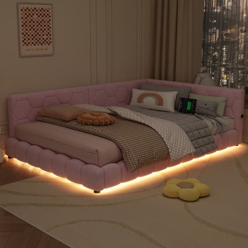 Rosa säng 140x200 cm med LED-belysning & USB-anslutningar | Vliesimitat Pink