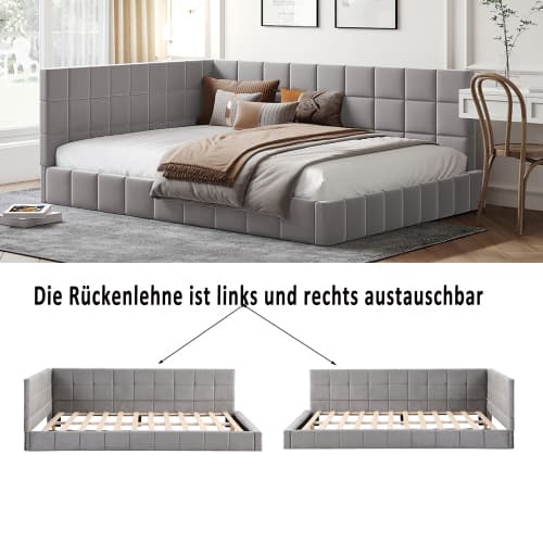 Premium grå bäddsoffa 140x200 cm - multifunktionell säng med sammetsöverdrag & ribbotten Gray