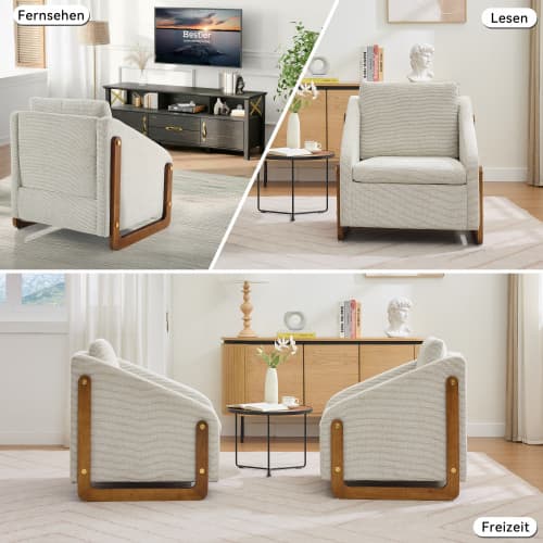 Beige Chenille loungestol med armstöd i trä & kuddar – modern accentstol för vardagsrum Beige