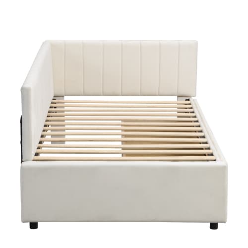Soffa säng 90x200 cm - multifunktionell säng med 2 lådor & sängbord (sömmaterial) Beige