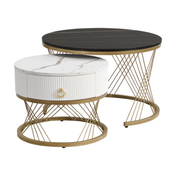 Elegant soffbord: marmoroptik, gulddekor, sidobord med lådor – set om 2 Black