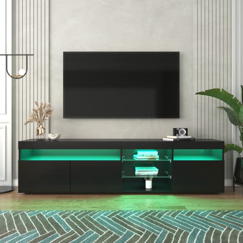 TV-skab 180 cm sort med LED-belysning, lyst panel & opbevaring til stuen Black