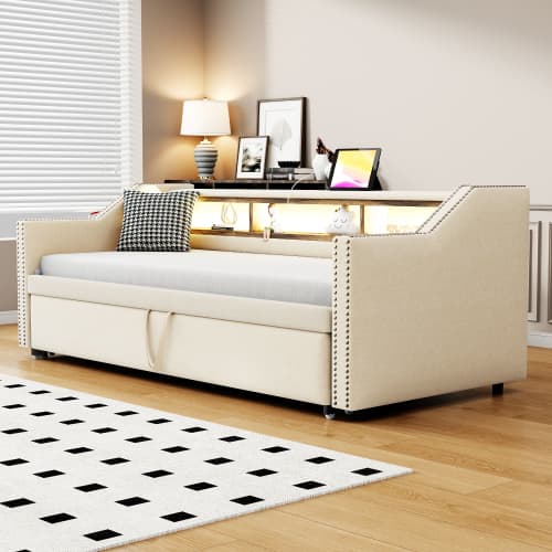 Soffa med bäddfunktion 90/180x190 cm Beige - utdragbar säng med LED, USB & förvaringsfack (multifunktionell soffa, inkl. ribbotten) Beige