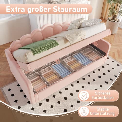 Rosa sammetsdagsbädd 90x200 cm med hydraulik & LED | Bäddsoffa & förvaringsutrymme Pink