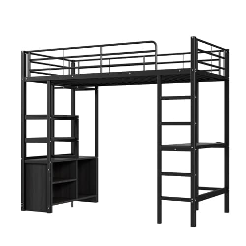 Svart våningssäng 90x200 cm med skrivbord & förvaring | Modern järnram Black