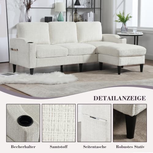 Elegant 4-sits soffa med pall & förvaring – sammetsöverdrag & praktiska funktioner Beige