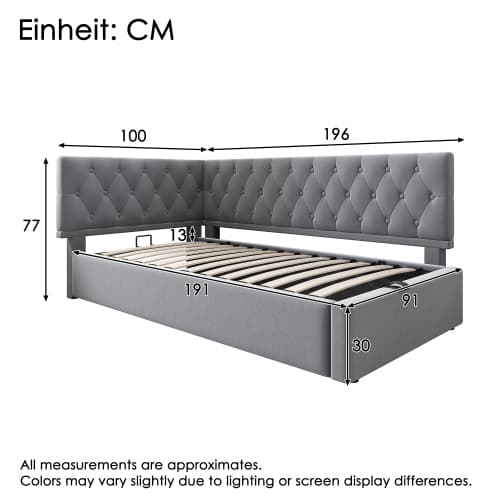 Polstret seng 90x190 cm med hydraulisk opbevaring - daybed med lamelbund, fløjlsgrå, uden madras Gray