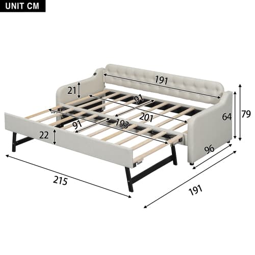 90x200 säng beige - Bäddsoffa med gästsängsfunktion (utdragbar) & USB-port - Multifunktionell design - sängram ingår Beige