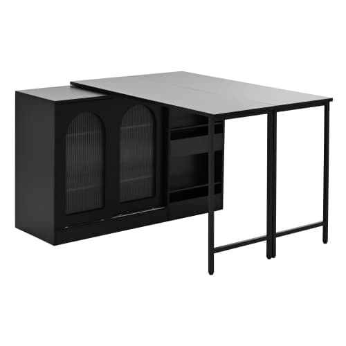 Svart barbord, utdragbart & 360° roterbart - med förvaringsutrymme, glasskåpsdörr & sideboard Black