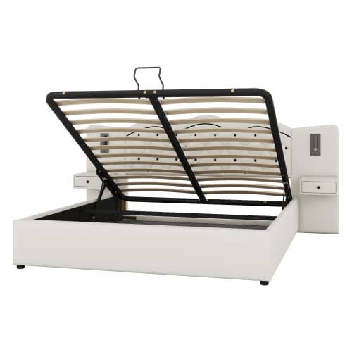 180x200cm Premium säng beige - Med hydraulisk säng & USB - vadderad sänggavel + 2 lampor Beige