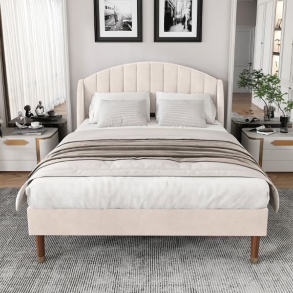 Soffa säng 160*200 med ribbotten och sänggavel, ungdomssäng, för vuxna & tonåringar, träribbottenstöd, Beige