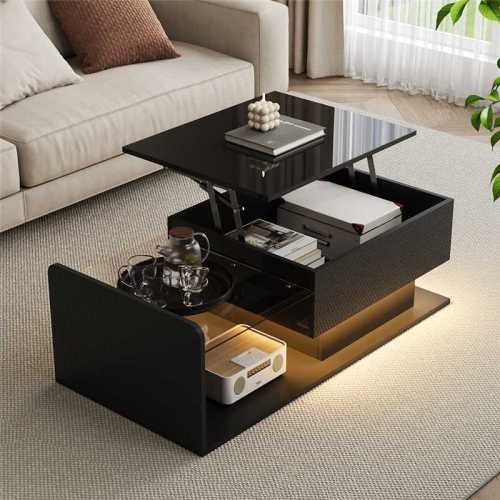 【Sofabord højglans sort】 Med LED-belysning & glasplade, moderne sidebord med opbevaringsplads Black