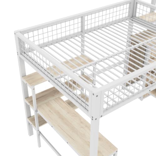 140x200 cm hög säng med skrivbord & skåp – robust järnsäng i vitt White