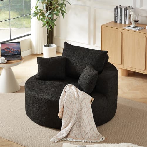 Fåtölj i chenille, ingen montering krävs, fluffig gungstol för vardagsrum & sovrum, modern & bekväm Black