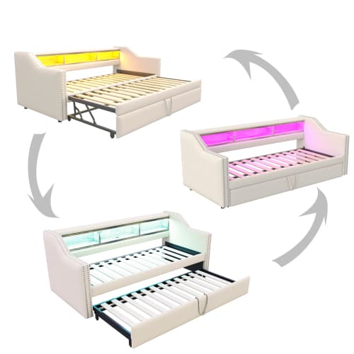 Soffa med bäddfunktion 90/180x190 cm Beige - utdragbar säng med LED, USB & förvaringsfack (multifunktionell soffa, inkl. ribbotten) Beige