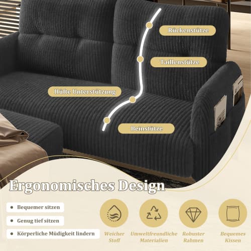 Cord 3-set grå - 2-sits soffa + fåtölj + pall - stålrörsram & extra mjuk klädsel - sittdjup - modulär för vardagsrum Gray