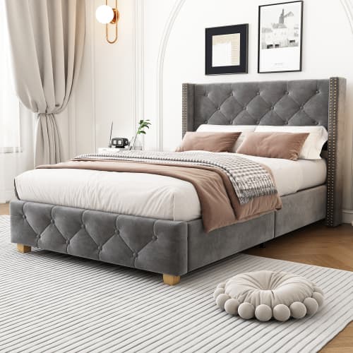 Grå sammetsklädd säng 90x200 cm – Med sänggavel, knapp- & nitdesign, träben & sängram Grey
