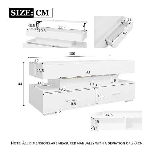 Vitt höj- och sänkbart LED-soffbord (100x50x44cm) - hydraulisk mekanism, Bluetooth-app, 2 lådor + förvaringsutrymme White