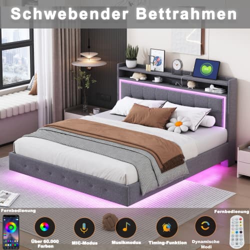 Dubbelsäng 160×200 cm med USB & LED-belysning | linnegrå | platt sängdesign Gray