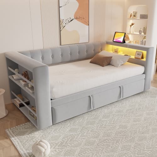 Multifunktionel seng med LED-belysning og stikkontakter, polstret seng 90/180x190cm med opbevaringsplads, sovesofa, lysegrå Light Gray