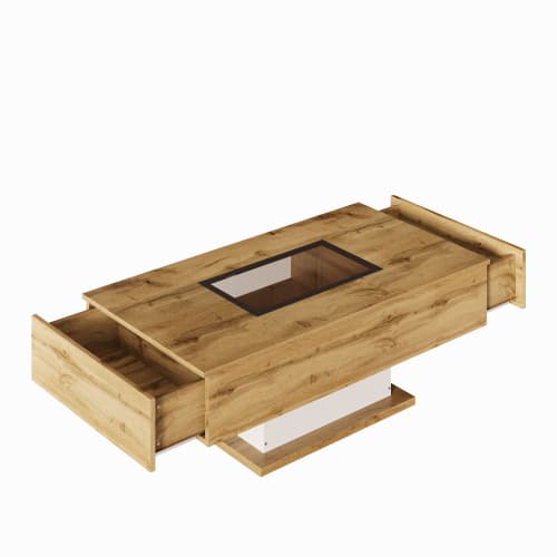 Sofa bord med farveskiftende LED-belysning og glasplade, 2 skuffer, moderne sidebord Natural