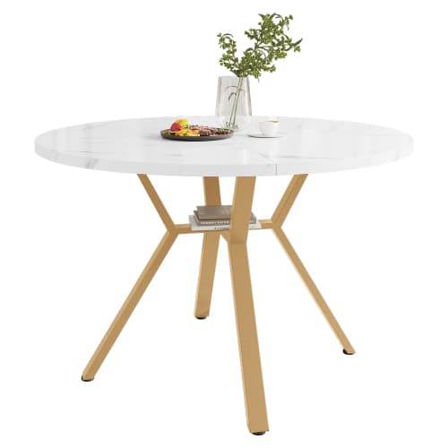 Runt matbord 100 cm, marmorlook & guldfärgad X-bensram, modernt soffbord, stabilt, för vardagsrum Golden+White